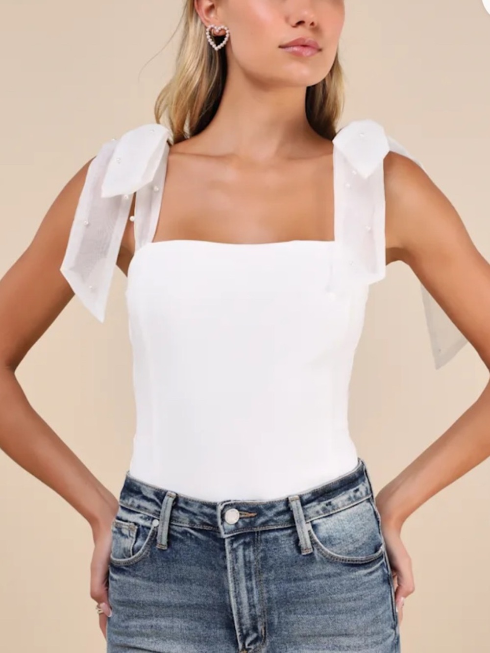 Lulus Beaming Perfection White Pearl Organza Tie-Strap Bodysuit
